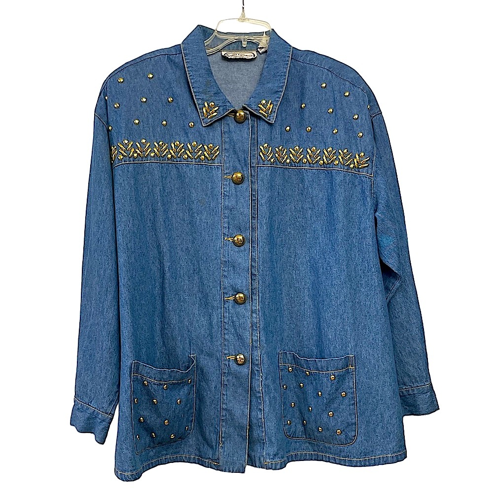 Vtg Saint Germain Gold Studded Denim Jacket Lightweight Jean Jacket Size Medium